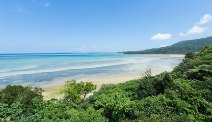 Fototapeta na wymiar Tropical Beach paradise getaway lagoon with beautiful clear blue turquoise water and white sand, Okinawa