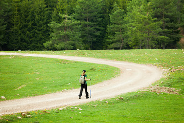 Hiker on road in forest