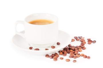 Coffee cup and beans on a white background
