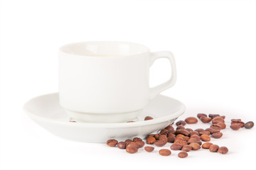 Coffee cup and beans on a white background