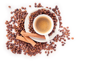 Coffee cup and beans on a white background