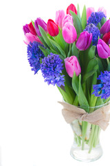 bouquet of   blue hyacinth and  tulips