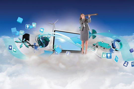 Composite image of businesswoman looking through a telescope