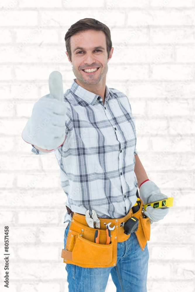 Poster composite image of happy handyman gesturing thumbs up