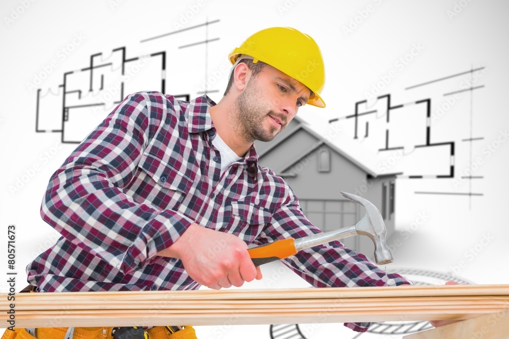 Poster composite image of handyman using hammer on wood