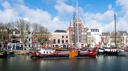 Historic sailing cargo ship moored in the Dutch city of Dordrech