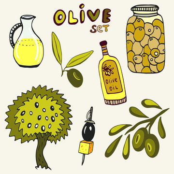 Hand drawn olive set. Vector olive