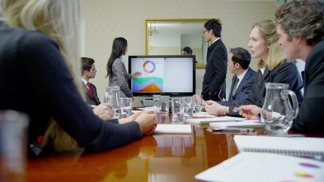 Attractive, diverse team of professionals in a meeting around a conference table