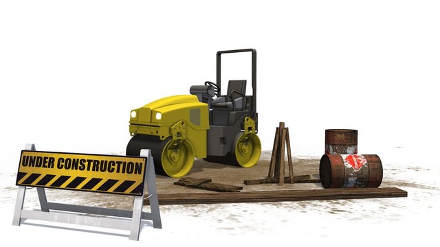 under construction sign and road building machine roller