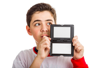 Boy looking up to his left with blank signboard