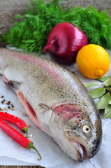Fresh raw salmon with vegetables on a white background