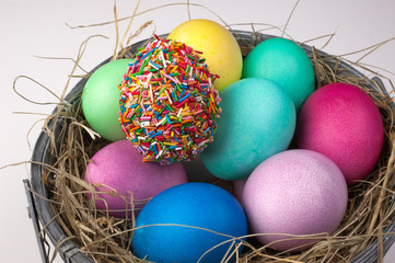 colored easter eggs and one covered with sprinkles in nest