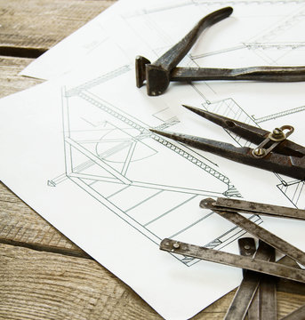 Many drawings for building and working tools on old wooden