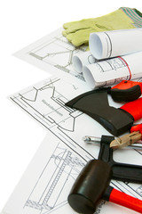 Drawings for building and working tools on white a background.