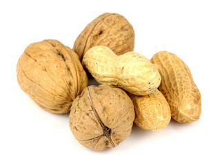 walnuts and peanuts on a white background