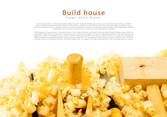 Joiner's tools (plane, mallet, chisel) on a white background.