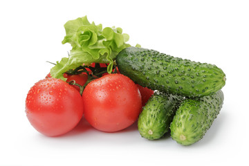 ripe tomato cucumbers and lettuce isolated