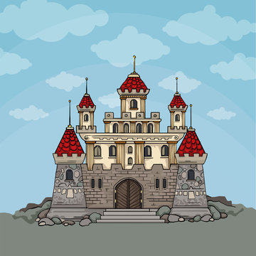 Cartoon fairy tale castle, In blue sky background