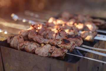 cooking pork shashlik on skewer in mangal outdoor food