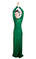 Beautiful young woman in a green evening dress
