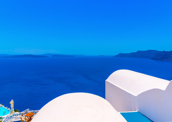 View to the sea from pictorial Oia in Santorini island in Greece