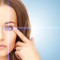 beautiful woman pointing to eye