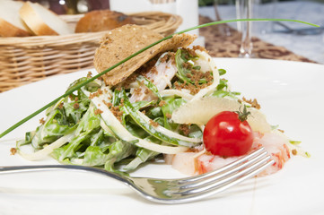 salad greens and shrimp meat on a white background