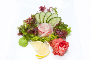 Japanese cuisine sashimi with vegetables and fish