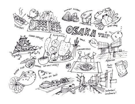 Osaka Japan drawing illustration of landmark and items