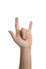 Hand showing love sign isolated on white