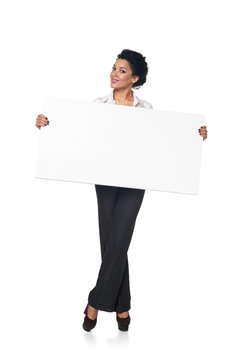 Business woman with blank white board