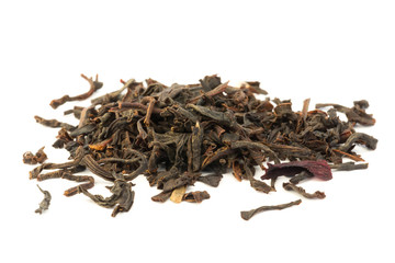 dry black tea leaves isolated on a white background