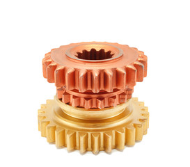 Copper and gold gear isolated on white background