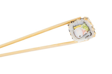 Sushi roll with chopsticks isolated on white
