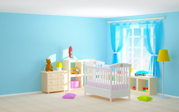 baby room with floor shelves