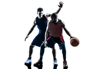 Fototapeta na wymiar caucasian and african basketball players man silhouette