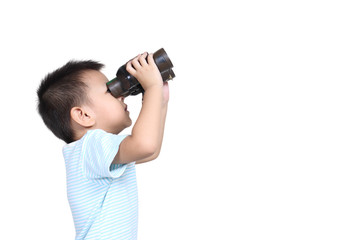 Boy using binoculars, isolated on white background