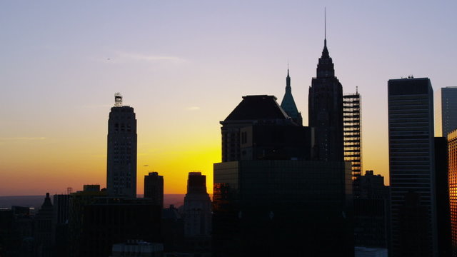 Aerial shot of sunset over New York City skyline