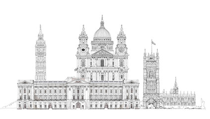 London, sketch illustration. Big Ben, Parliament, st. Paul cathe