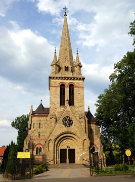 stony church with high tower in Cieklin near Jaslo