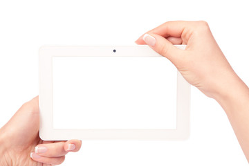 Obraz premium tablet computer isolated in a hand on the white backgrounds
