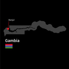 Detailed map of Gambia and capital city Banjul with flag on