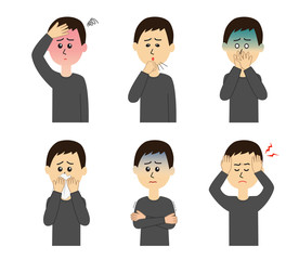A set of six pose variations of sick young man