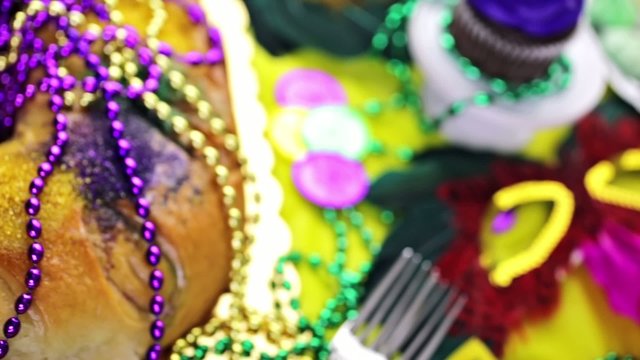 Table decorated for Mardi Gras party.