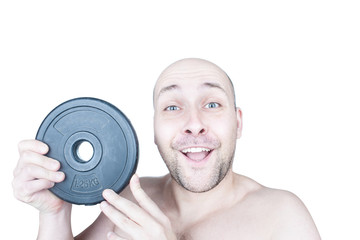 Funny guy with gym weight