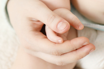 Fototapeta na wymiar Baby hand in mother hand, close-up