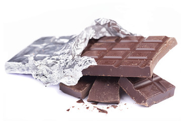 Dark chocolate bar on white background