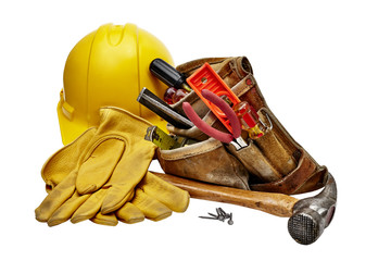 Carpenter tools with toolbag and hardhat
