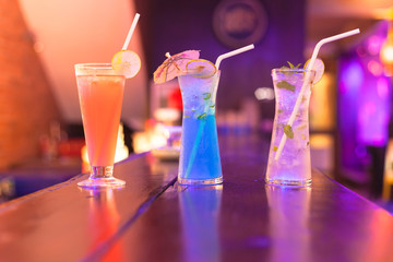 Cocktails on the bar counter in night club