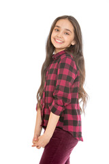 Joyful girl with long dark hair and a plaid shirt